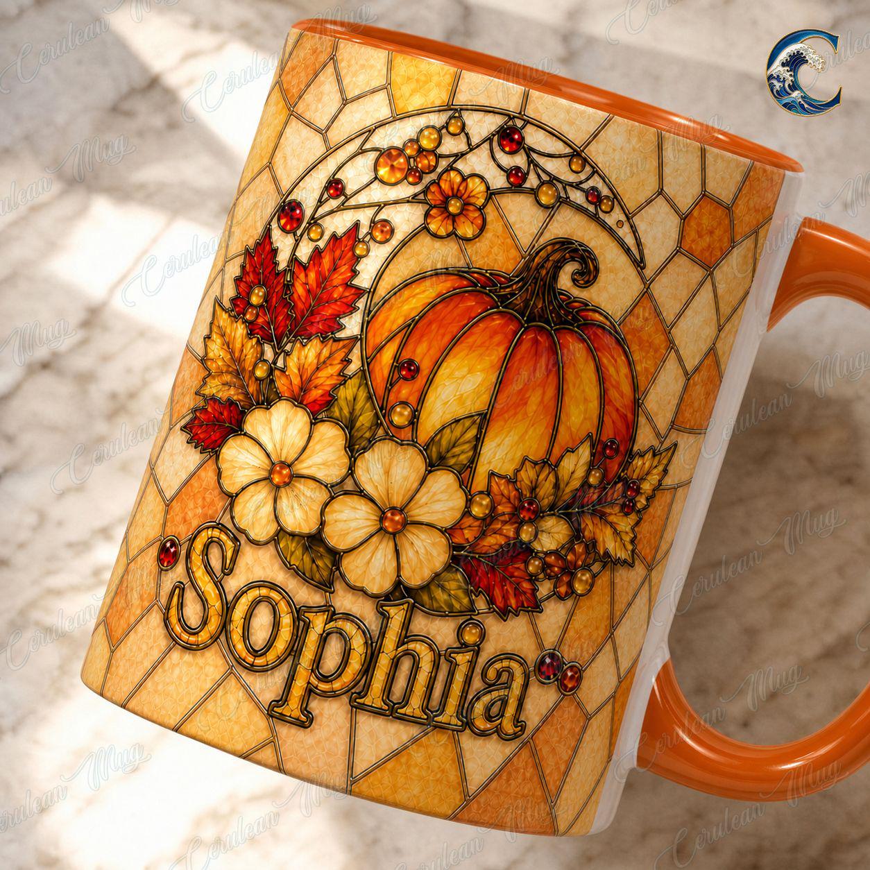Personalized Stained Glass Pumpkin Mug, Custom Name Pumpkin Coffee Mug, Fall Floral Mug, Autumn Leaves Mug, Thanksgiving Gift