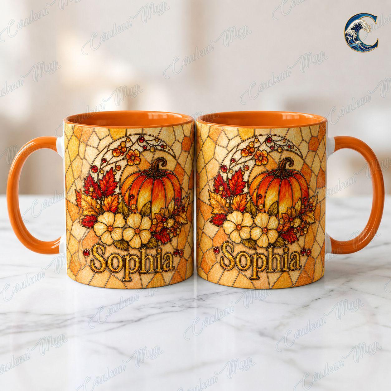 Personalized Stained Glass Pumpkin Mug, Custom Name Pumpkin Coffee Mug, Fall Floral Mug, Autumn Leaves Mug, Thanksgiving Gift