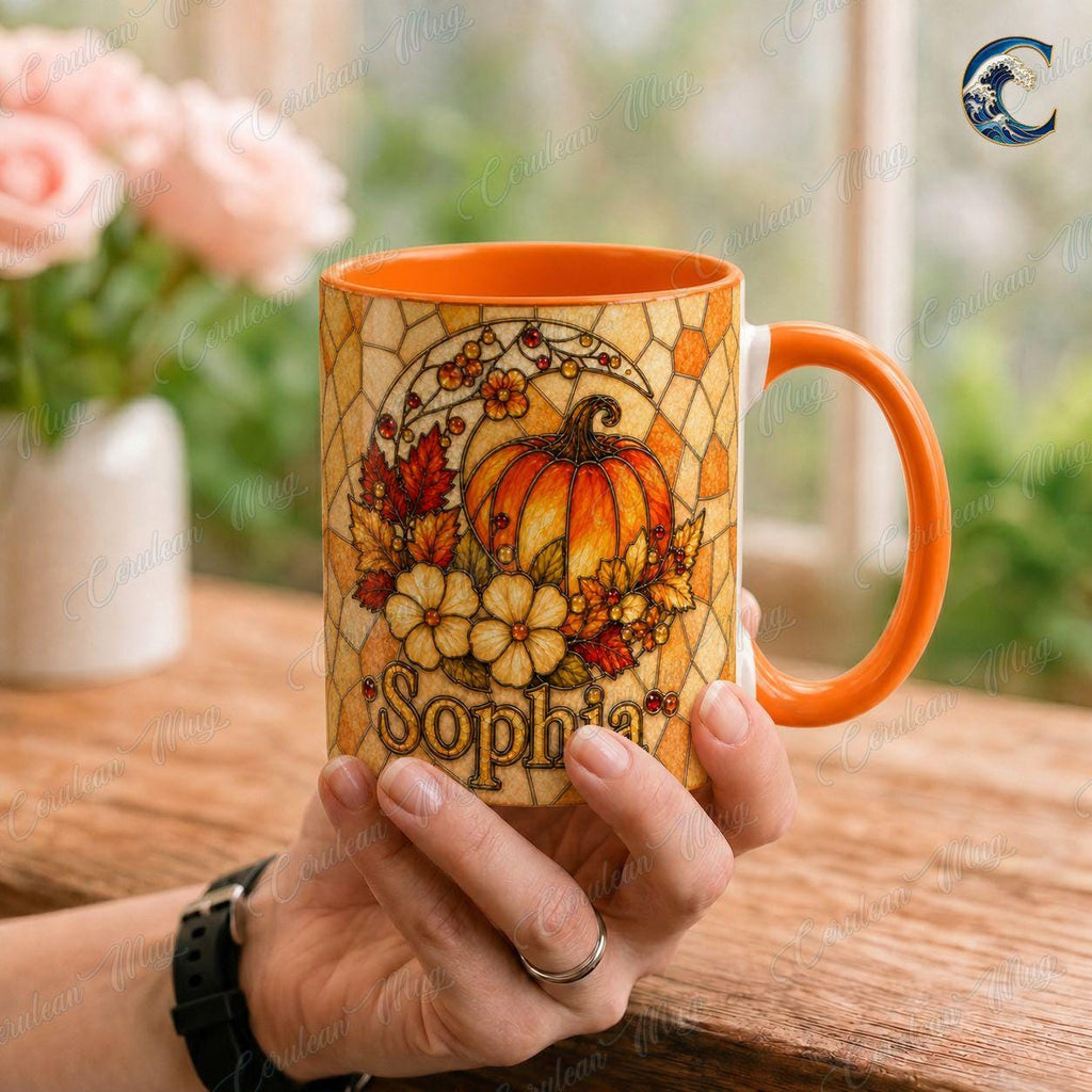 Personalized Stained Glass Pumpkin Mug, Custom Name Pumpkin Coffee Mug, Fall Floral Mug, Autumn Leaves Mug, Thanksgiving Gift