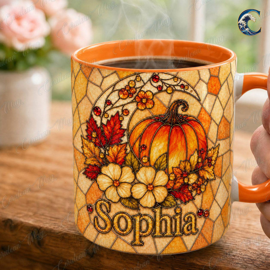 Personalized Stained Glass Pumpkin Mug, Custom Name Pumpkin Coffee Mug, Fall Floral Mug, Autumn Leaves Mug, Thanksgiving Gift