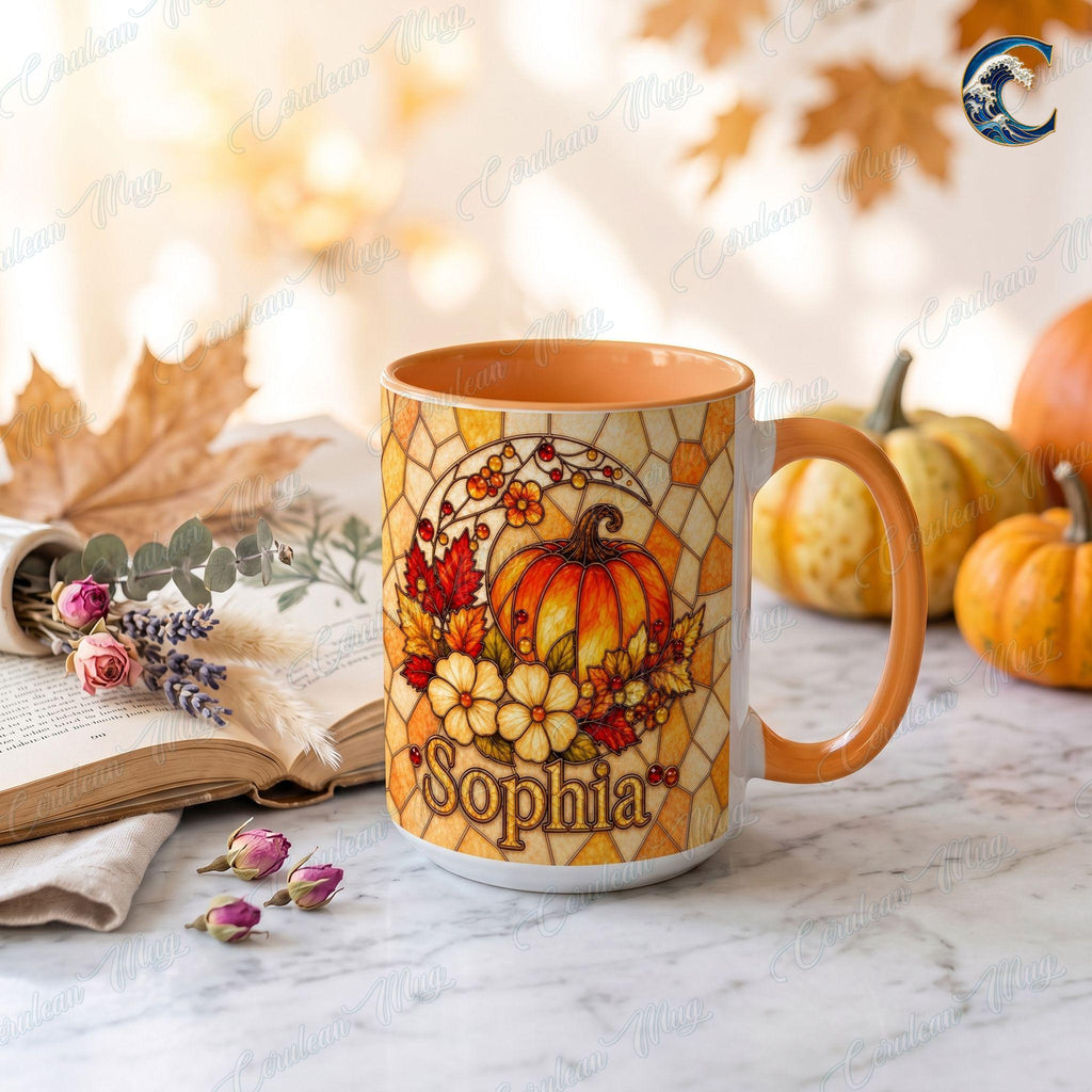 Personalized Stained Glass Pumpkin Mug, Custom Name Pumpkin Coffee Mug, Fall Floral Mug, Autumn Leaves Mug, Thanksgiving Gift