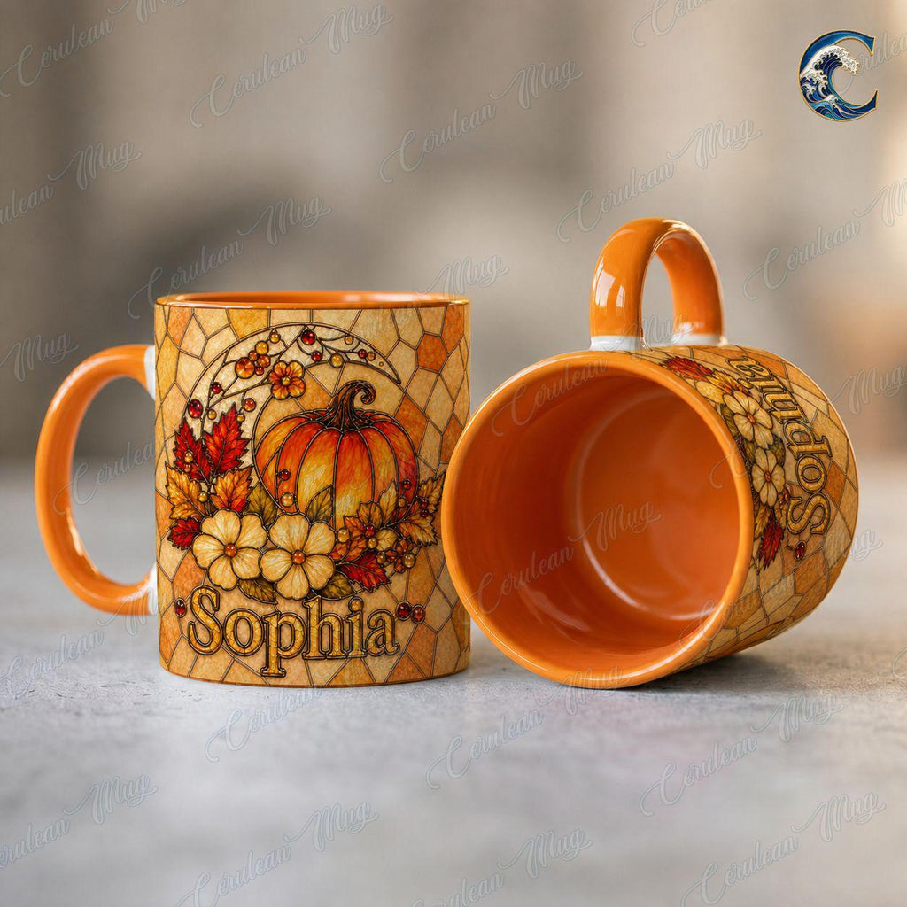 Personalized Stained Glass Pumpkin Mug, Custom Name Pumpkin Coffee Mug, Fall Floral Mug, Autumn Leaves Mug, Thanksgiving Gift