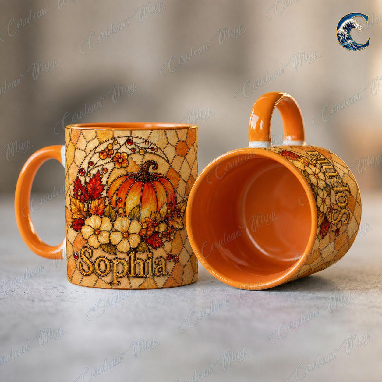 Personalized Stained Glass Pumpkin Mug, Custom Name Pumpkin Coffee Mug, Fall Floral Mug, Autumn Leaves Mug, Thanksgiving Gift