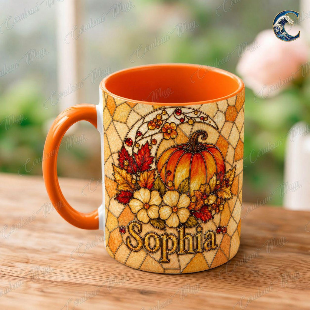 Personalized Stained Glass Pumpkin Mug, Custom Name Pumpkin Coffee Mug, Fall Floral Mug, Autumn Leaves Mug, Thanksgiving Gift