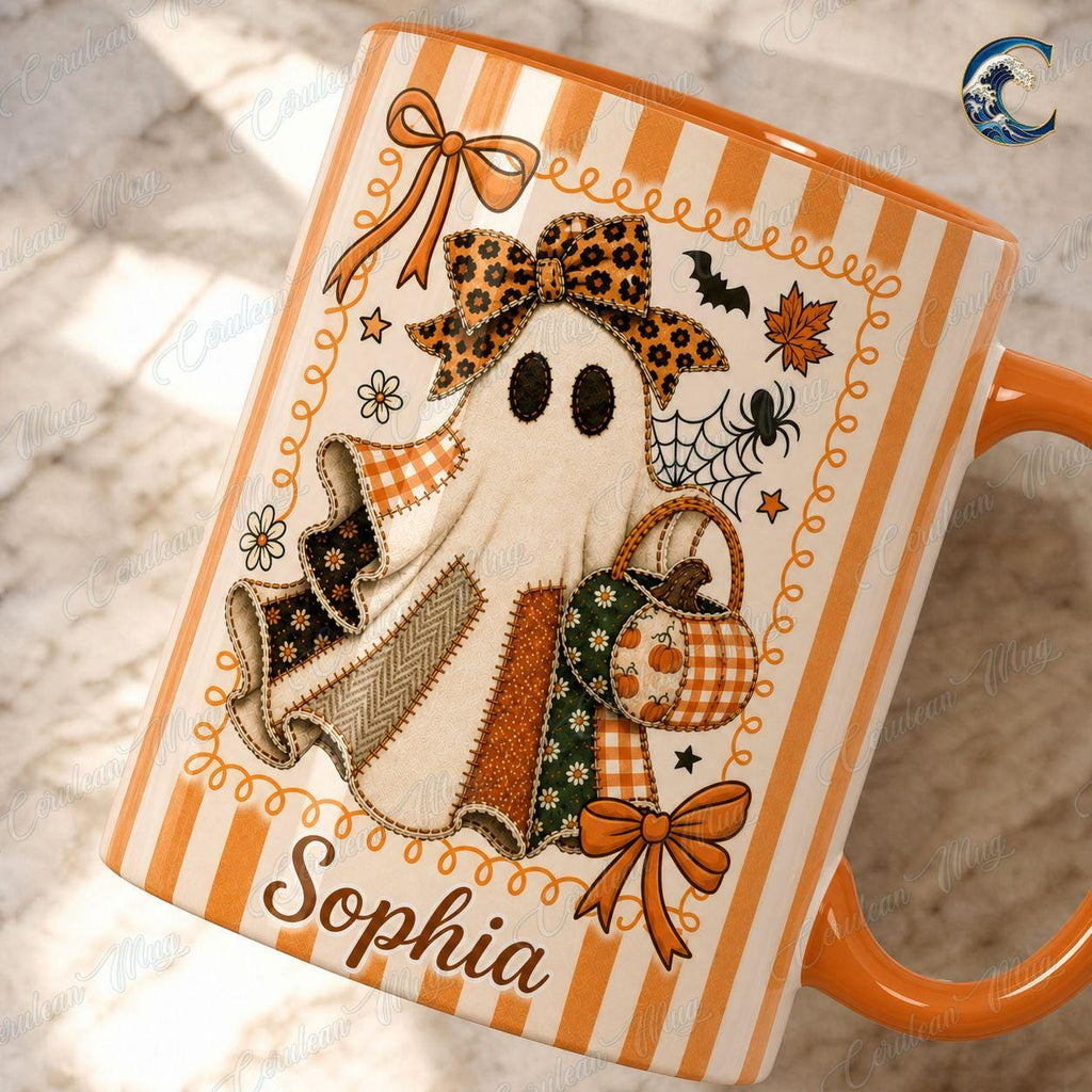 Personalized Ghost Bow Mug, Custom Name Halloween Coffee Mug, Cute Patchwork Ghost Mug, Fall Ghost Mug, Halloween Patchwork Gift