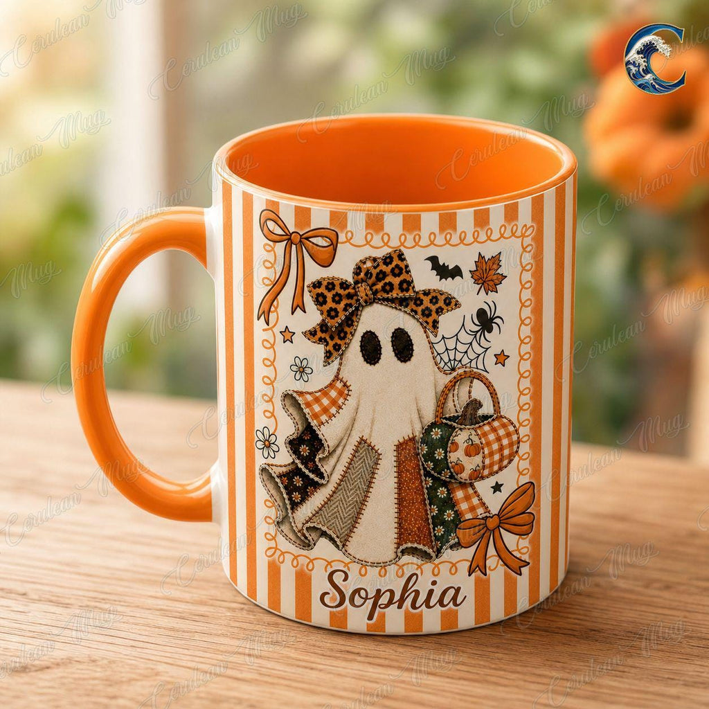 Personalized Ghost Bow Mug, Custom Name Halloween Coffee Mug, Cute Patchwork Ghost Mug, Fall Ghost Mug, Halloween Patchwork Gift
