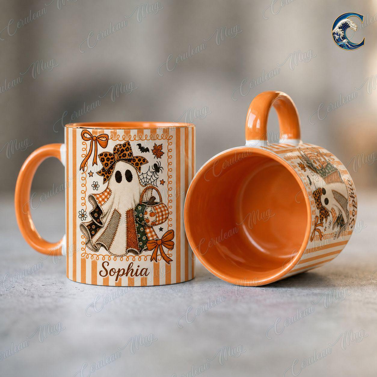 Personalized Ghost Bow Mug, Custom Name Halloween Coffee Mug, Cute Patchwork Ghost Mug, Fall Ghost Mug, Halloween Patchwork Gift