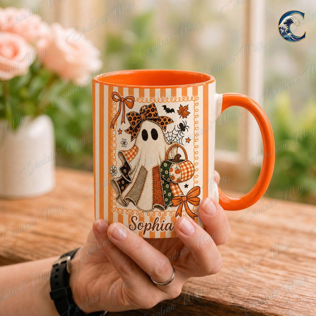 Personalized Ghost Bow Mug, Custom Name Halloween Coffee Mug, Cute Patchwork Ghost Mug, Fall Ghost Mug, Halloween Patchwork Gift