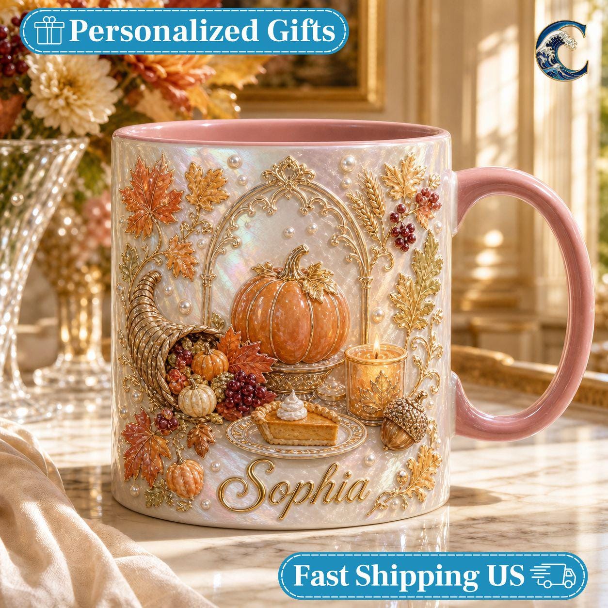 Personalized Name Thanksgiving Mug, Elegant Pearl Cornucopia Coffee Mug, Thanksgiving Pumpkin Mug, Fall Harvest Mug, Thanksgiving  Gift
