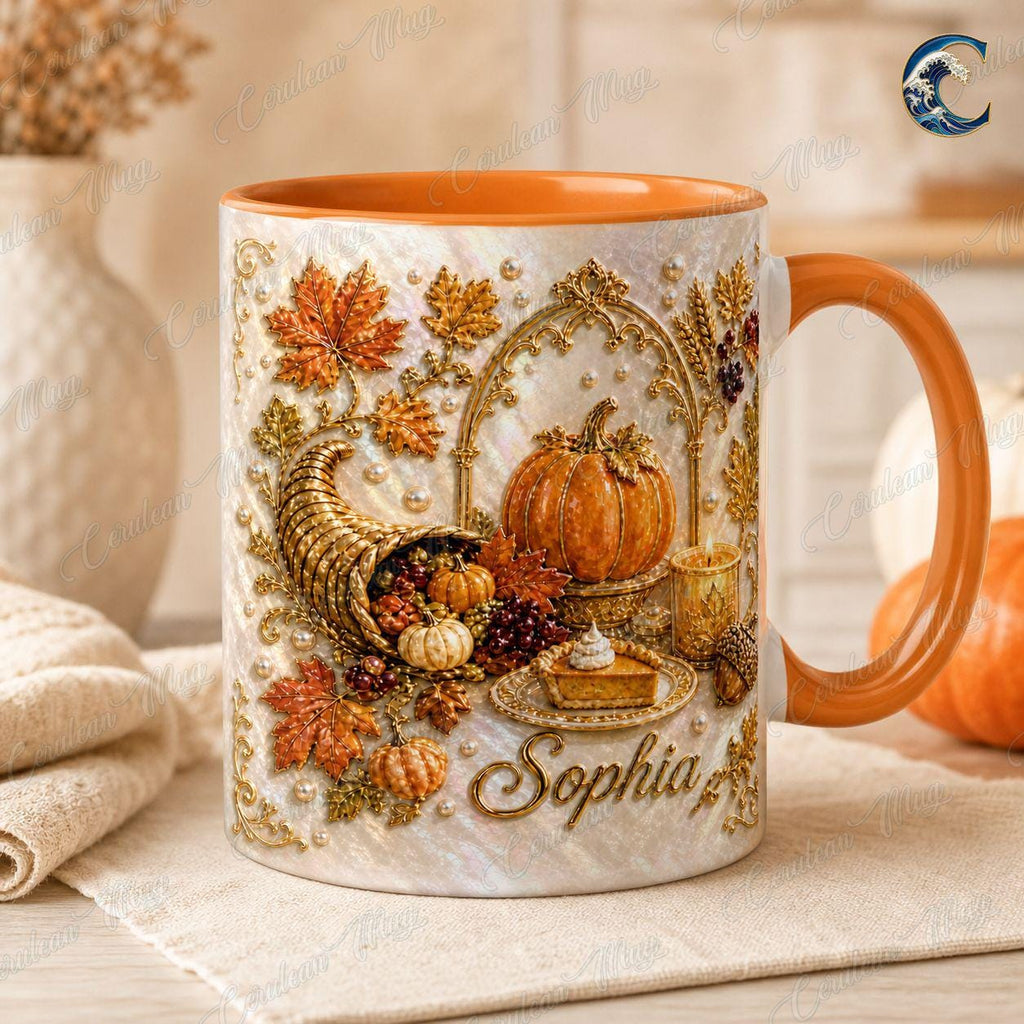 Personalized Name Thanksgiving Mug, Elegant Pearl Cornucopia Coffee Mug, Thanksgiving Pumpkin Mug, Fall Harvest Mug, Thanksgiving  Gift