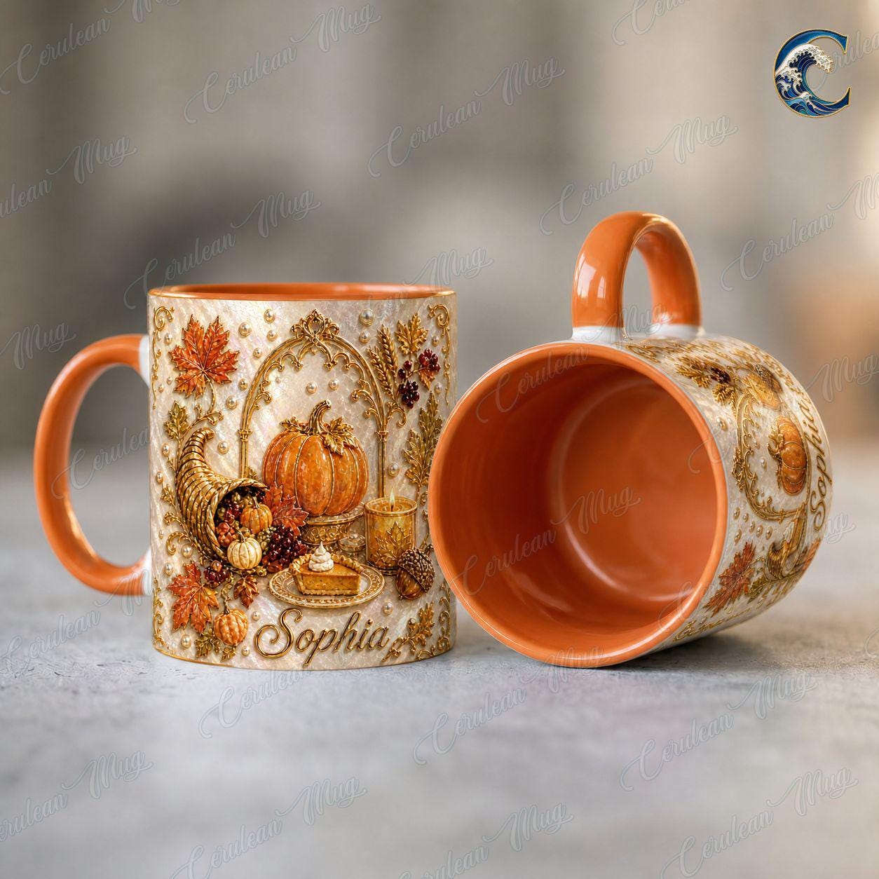 Personalized Name Thanksgiving Mug, Elegant Pearl Cornucopia Coffee Mug, Thanksgiving Pumpkin Mug, Fall Harvest Mug, Thanksgiving  Gift