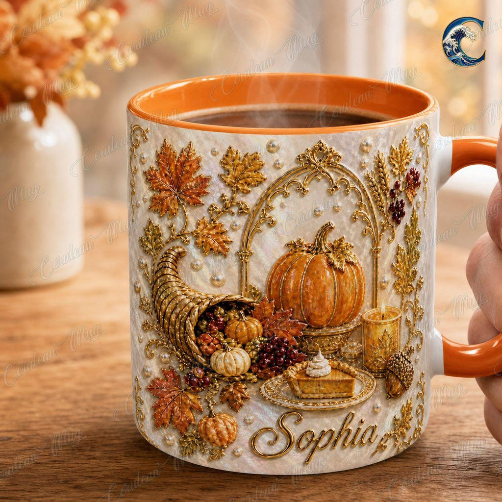 Personalized Name Thanksgiving Mug, Elegant Pearl Cornucopia Coffee Mug, Thanksgiving Pumpkin Mug, Fall Harvest Mug, Thanksgiving  Gift