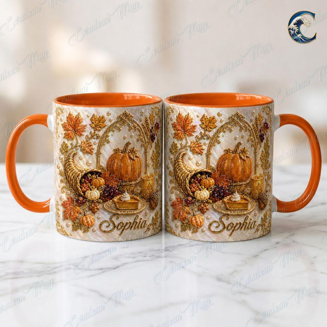 Personalized Name Thanksgiving Mug, Elegant Pearl Cornucopia Coffee Mug, Thanksgiving Pumpkin Mug, Fall Harvest Mug, Thanksgiving  Gift