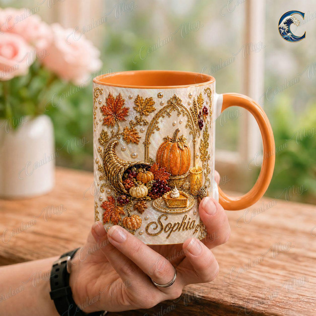 Personalized Name Thanksgiving Mug, Elegant Pearl Cornucopia Coffee Mug, Thanksgiving Pumpkin Mug, Fall Harvest Mug, Thanksgiving  Gift