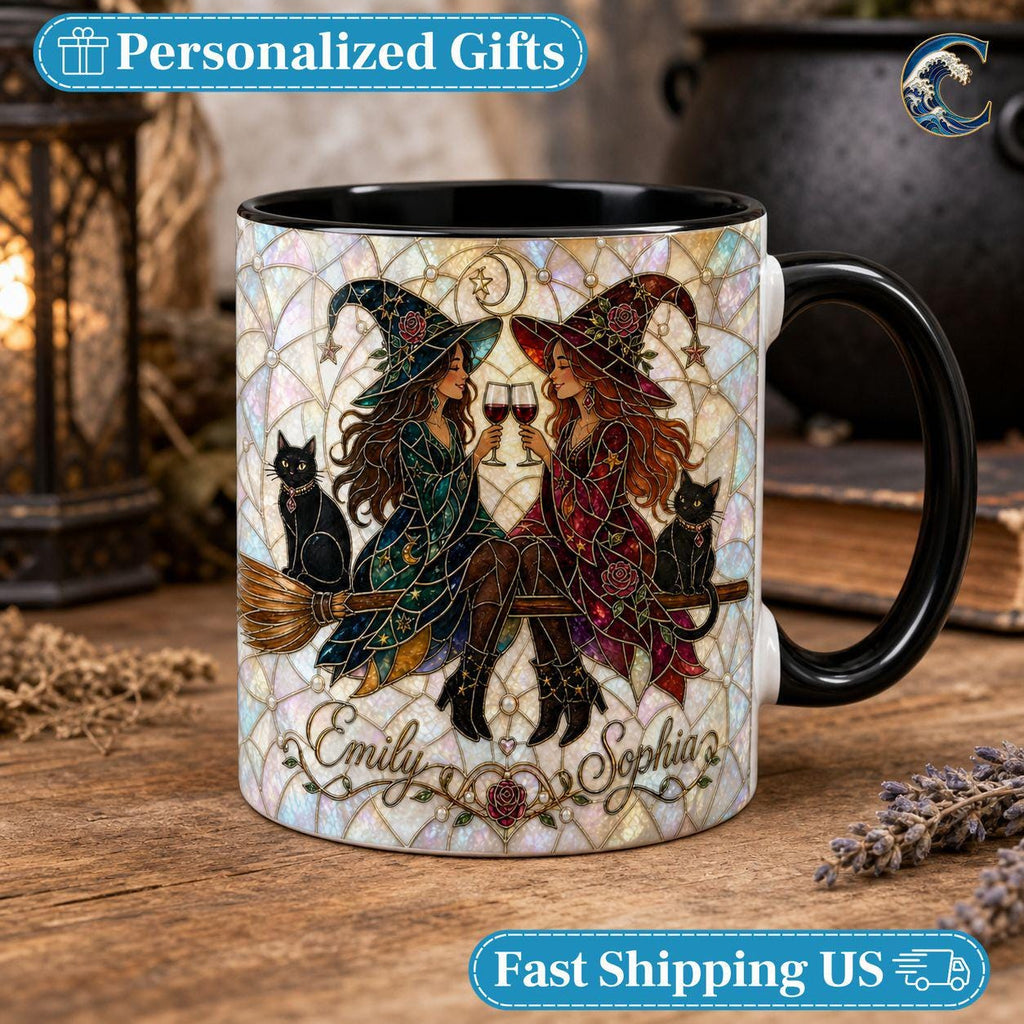 Personalized Witch Sisters Mug, Stained Glass Art Coffee Mug, Best Friend Witches Mug, Black Cat Wine Mug, Fall Witch Gift