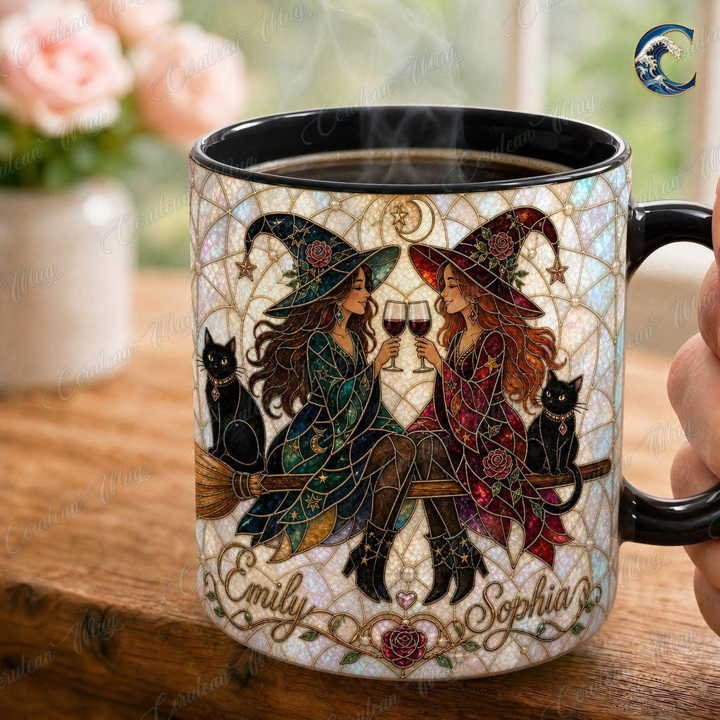Personalized Witch Sisters Mug, Stained Glass Art Coffee Mug, Best Friend Witches Mug, Black Cat Wine Mug, Fall Witch Gift