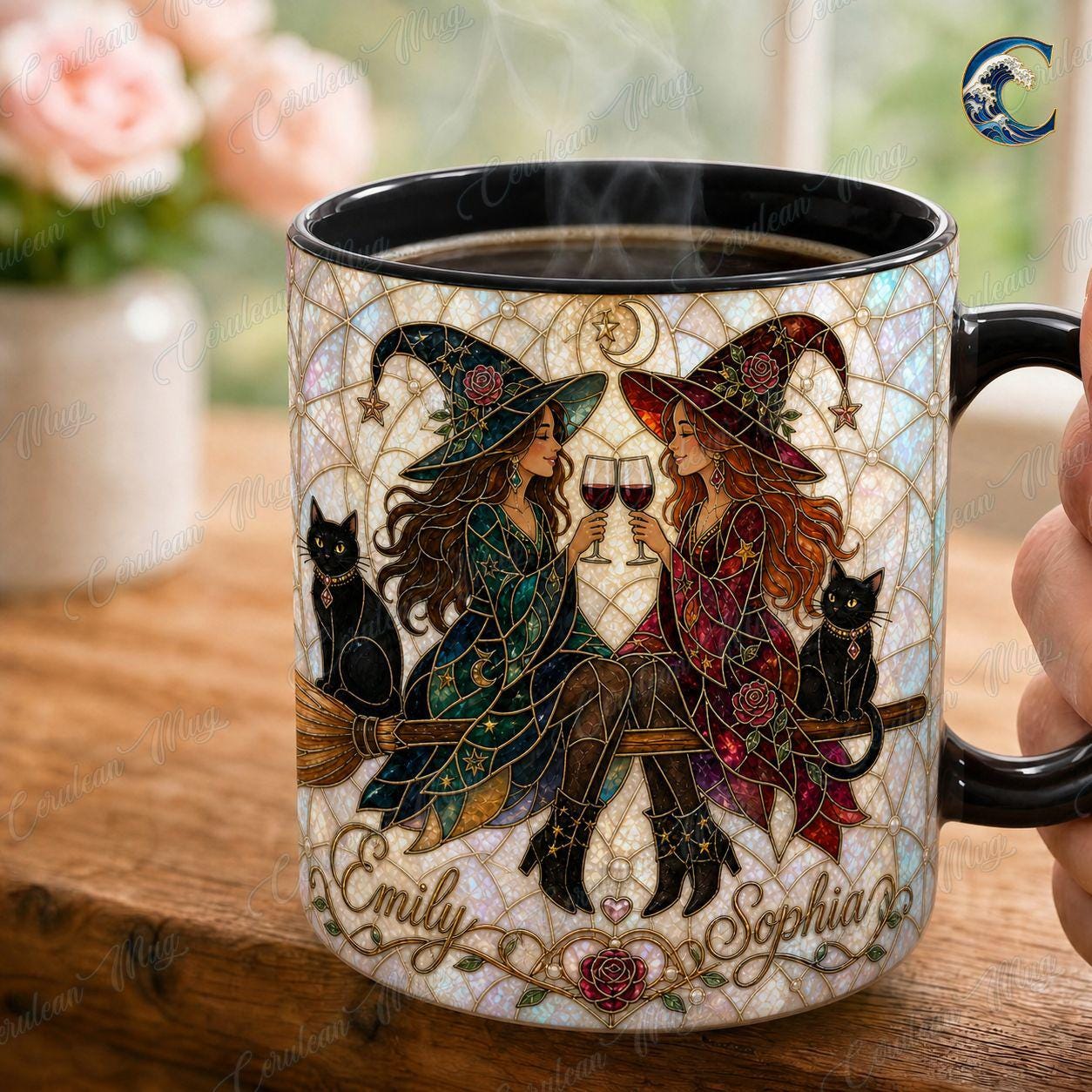 Personalized Witch Sisters Mug, Stained Glass Art Coffee Mug, Best Friend Witches Mug, Black Cat Wine Mug, Fall Witch Gift