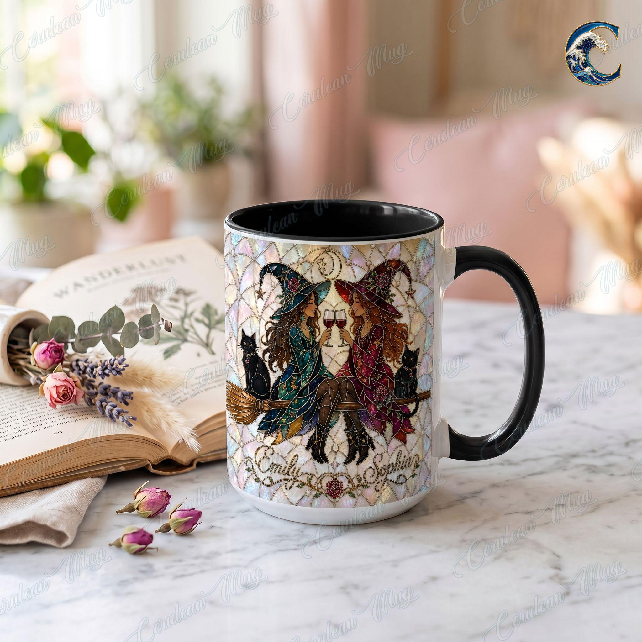 Personalized Witch Sisters Mug, Stained Glass Art Coffee Mug, Best Friend Witches Mug, Black Cat Wine Mug, Fall Witch Gift