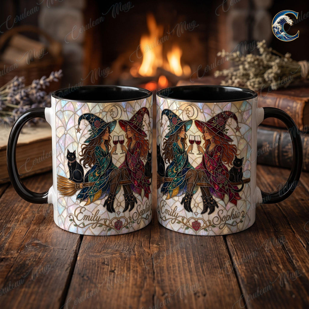 Personalized Witch Sisters Mug, Stained Glass Art Coffee Mug, Best Friend Witches Mug, Black Cat Wine Mug, Fall Witch Gift