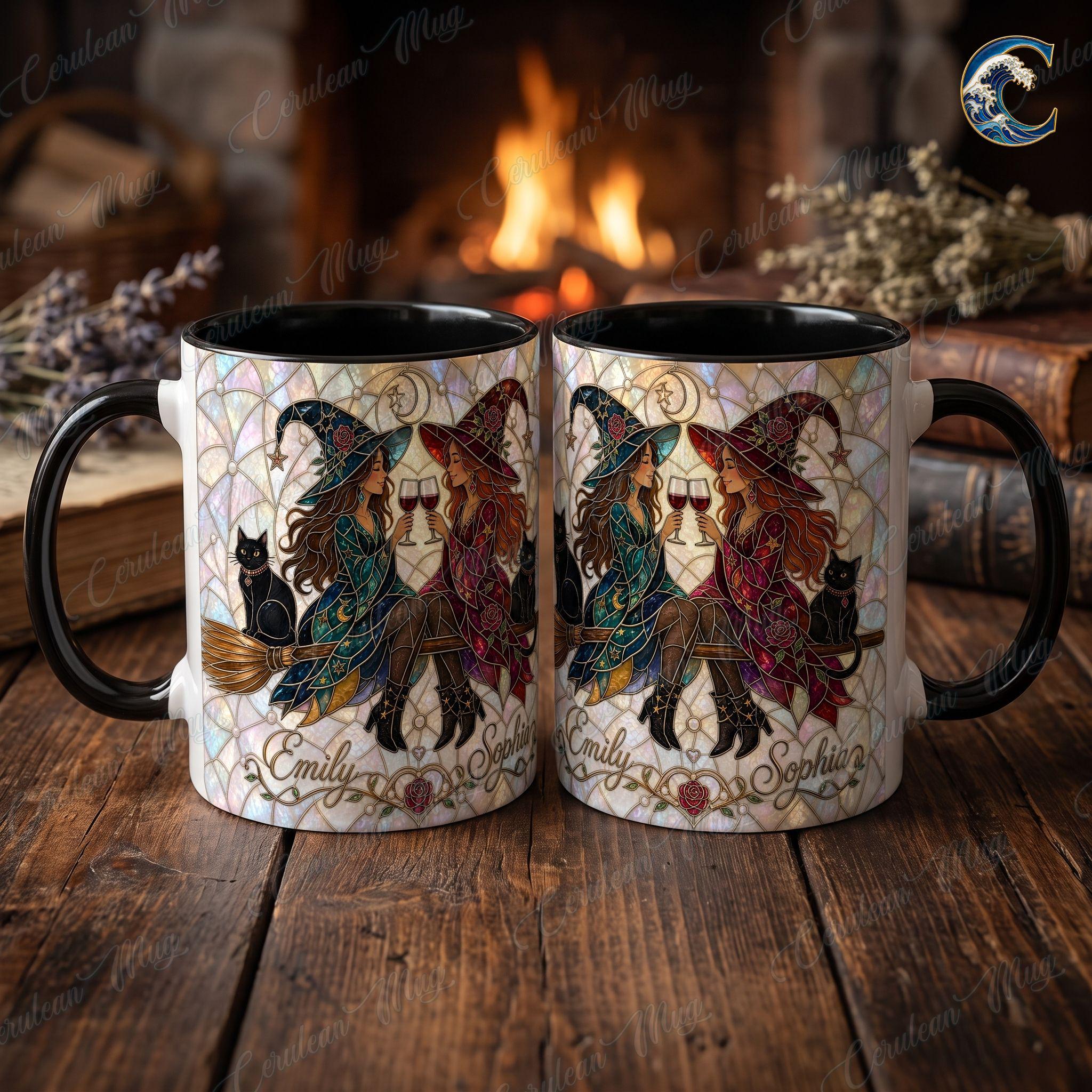 Personalized Witch Sisters Mug, Stained Glass Art Coffee Mug, Best Friend Witches Mug, Black Cat Wine Mug, Fall Witch Gift