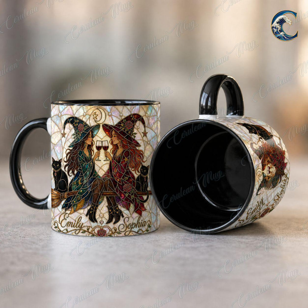 Personalized Witch Sisters Mug, Stained Glass Art Coffee Mug, Best Friend Witches Mug, Black Cat Wine Mug, Fall Witch Gift