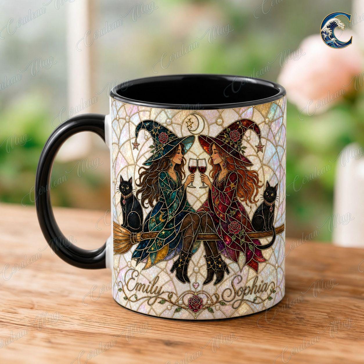 Personalized Witch Sisters Mug, Stained Glass Art Coffee Mug, Best Friend Witches Mug, Black Cat Wine Mug, Fall Witch Gift