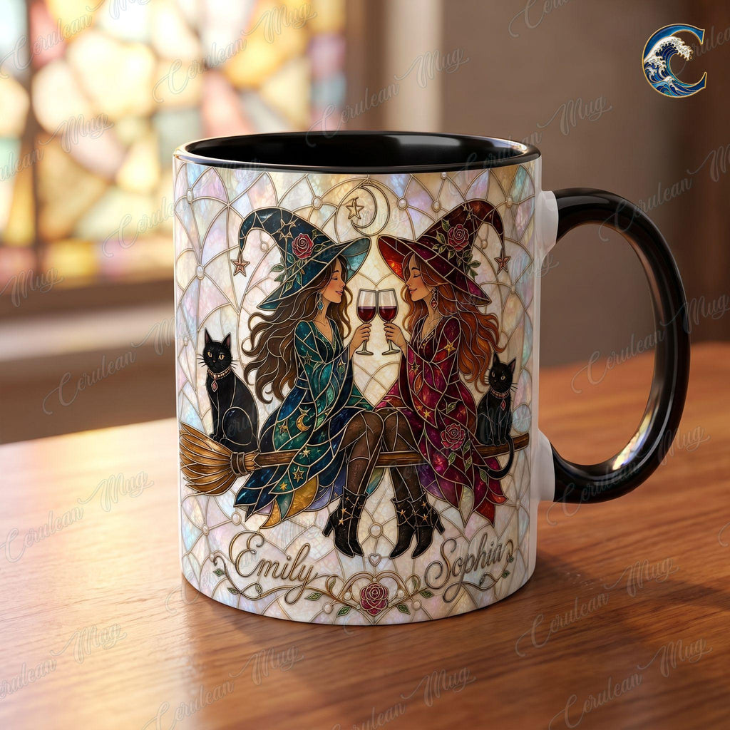 Personalized Witch Sisters Mug, Stained Glass Art Coffee Mug, Best Friend Witches Mug, Black Cat Wine Mug, Fall Witch Gift