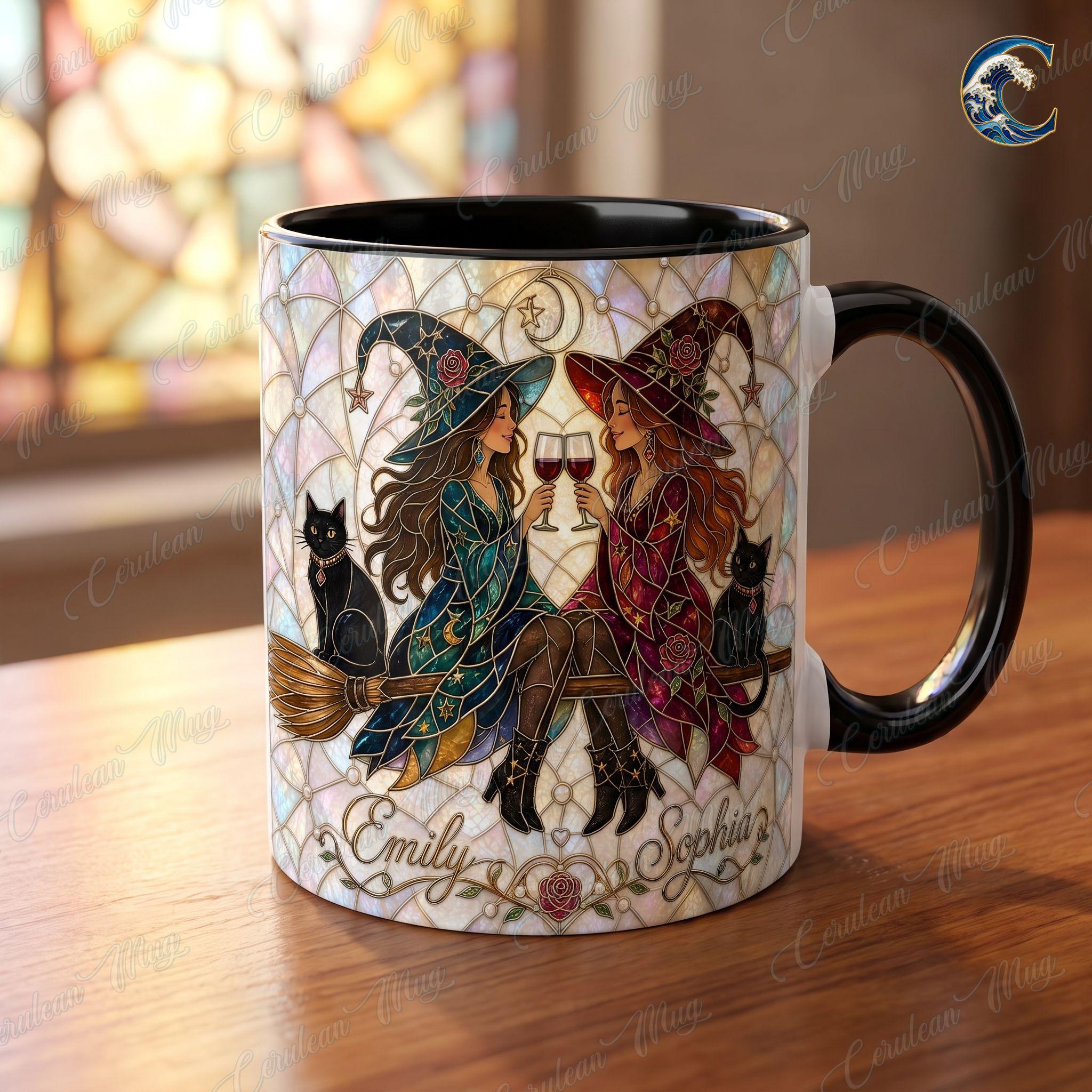 Personalized Witch Sisters Mug, Stained Glass Art Coffee Mug, Best Friend Witches Mug, Black Cat Wine Mug, Fall Witch Gift
