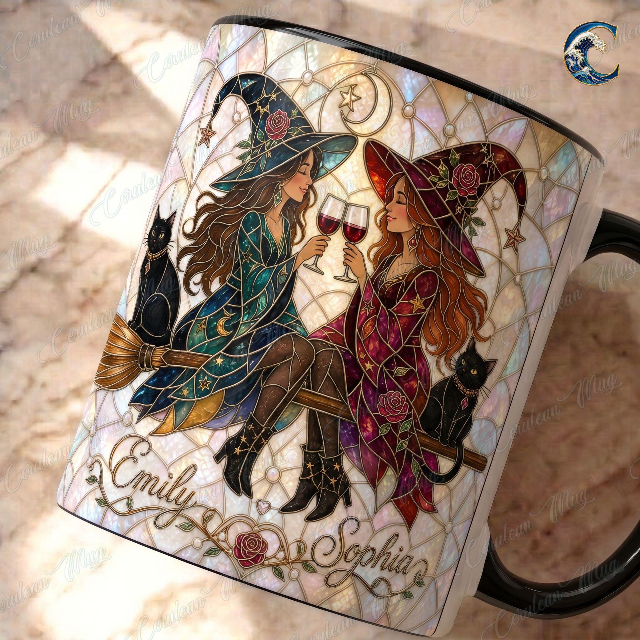 Personalized Witch Sisters Mug, Stained Glass Art Coffee Mug, Best Friend Witches Mug, Black Cat Wine Mug, Fall Witch Gift