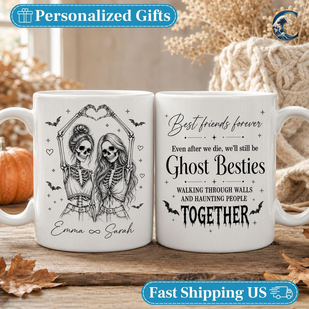 Personalized Skeleton Besties Mug, Ghost Besties Coffee Mug, Heart Hands Bestie Mug, Halloween Friend Quote Mug, Spooky Season Gift