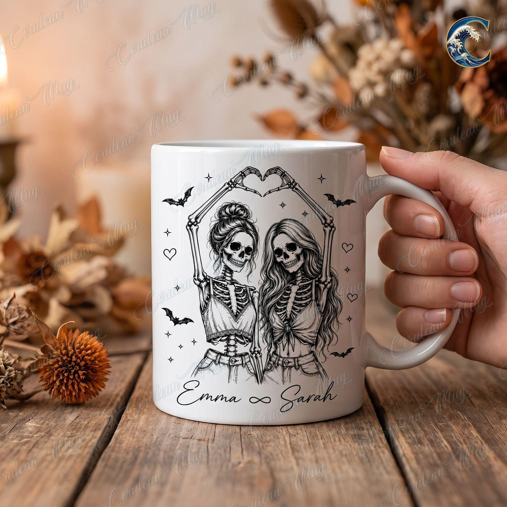 Personalized Skeleton Besties Mug, Ghost Besties Coffee Mug, Heart Hands Bestie Mug, Halloween Friend Quote Mug, Spooky Season Gift