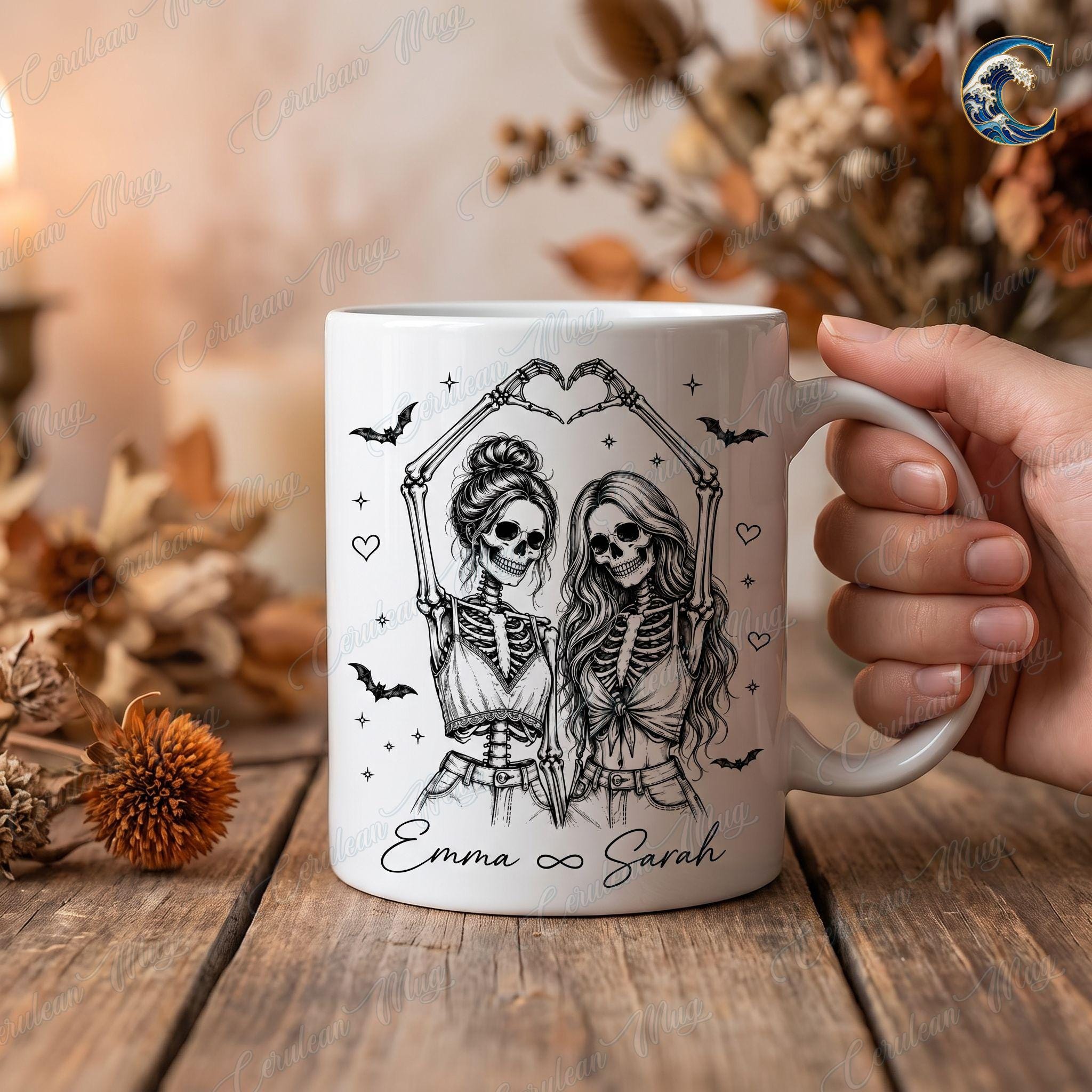 Personalized Skeleton Besties Mug, Ghost Besties Coffee Mug, Heart Hands Bestie Mug, Halloween Friend Quote Mug, Spooky Season Gift