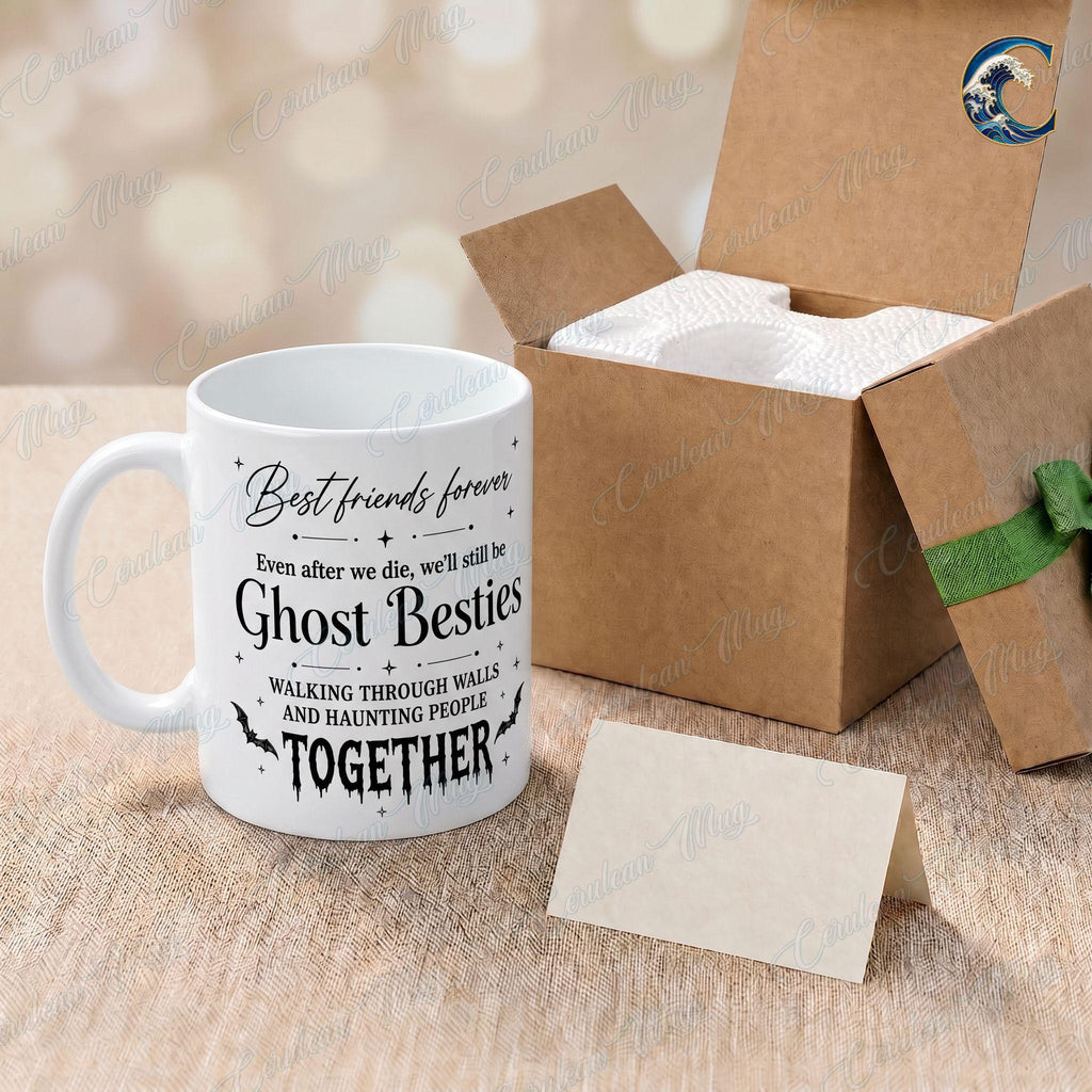 Personalized Skeleton Besties Mug, Ghost Besties Coffee Mug, Heart Hands Bestie Mug, Halloween Friend Quote Mug, Spooky Season Gift