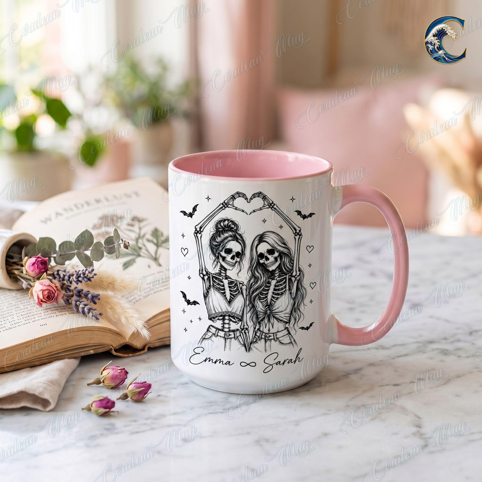 Personalized Skeleton Besties Mug, Ghost Besties Coffee Mug, Heart Hands Bestie Mug, Halloween Friend Quote Mug, Spooky Season Gift