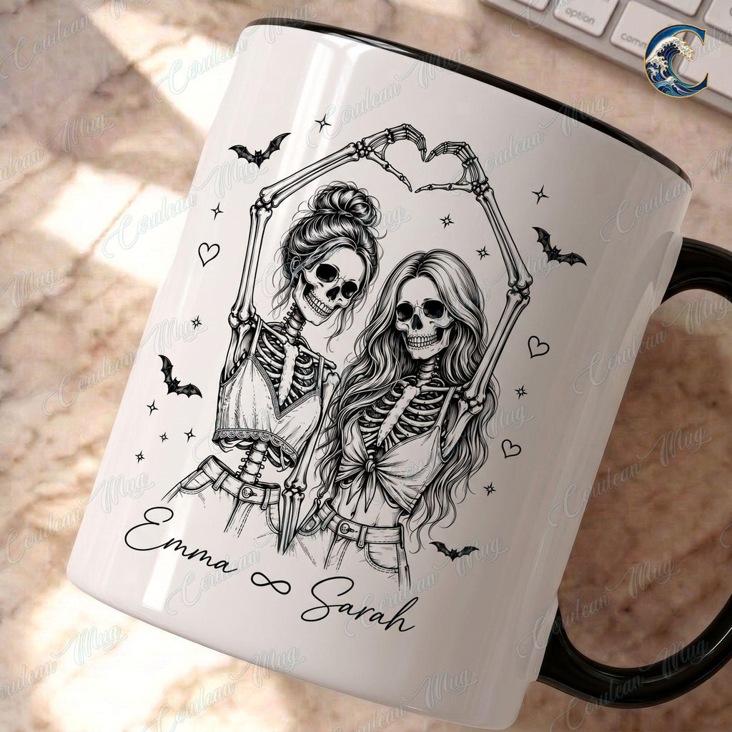 Personalized Skeleton Besties Mug, Ghost Besties Coffee Mug, Heart Hands Bestie Mug, Halloween Friend Quote Mug, Spooky Season Gift