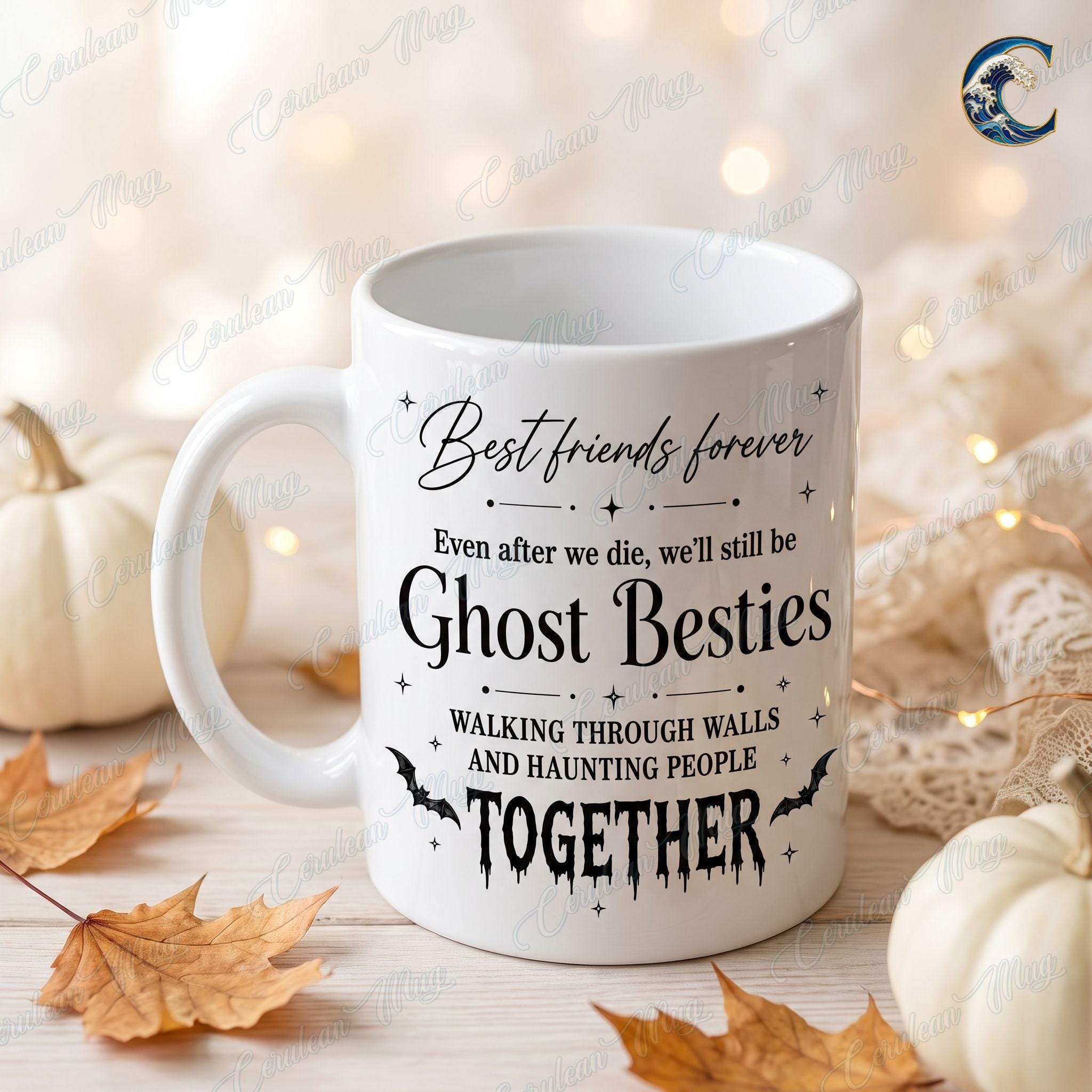 Personalized Skeleton Besties Mug, Ghost Besties Coffee Mug, Heart Hands Bestie Mug, Halloween Friend Quote Mug, Spooky Season Gift