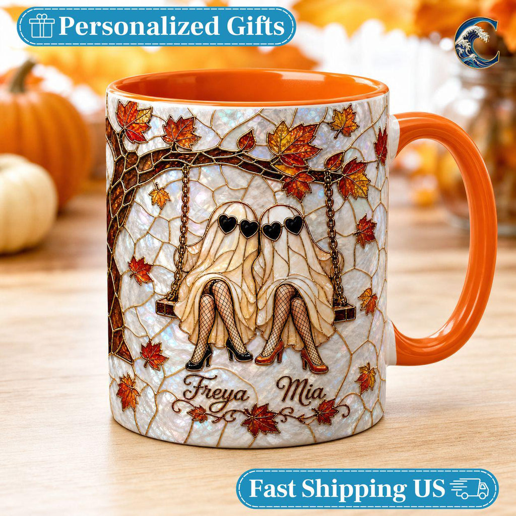 Personalized Ghost Twins Mug, Fall Leaves Stained Glass Coffee Mug, Heart Sunglasses Ghost Mug, Autumn Bestie Swing Mug, Autumn Bestie Gift