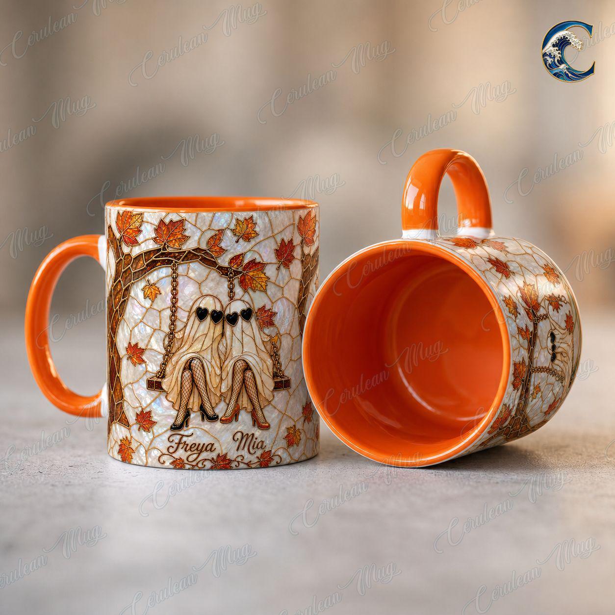 Personalized Ghost Twins Mug, Fall Leaves Stained Glass Coffee Mug, Heart Sunglasses Ghost Mug, Autumn Bestie Swing Mug, Autumn Bestie Gift