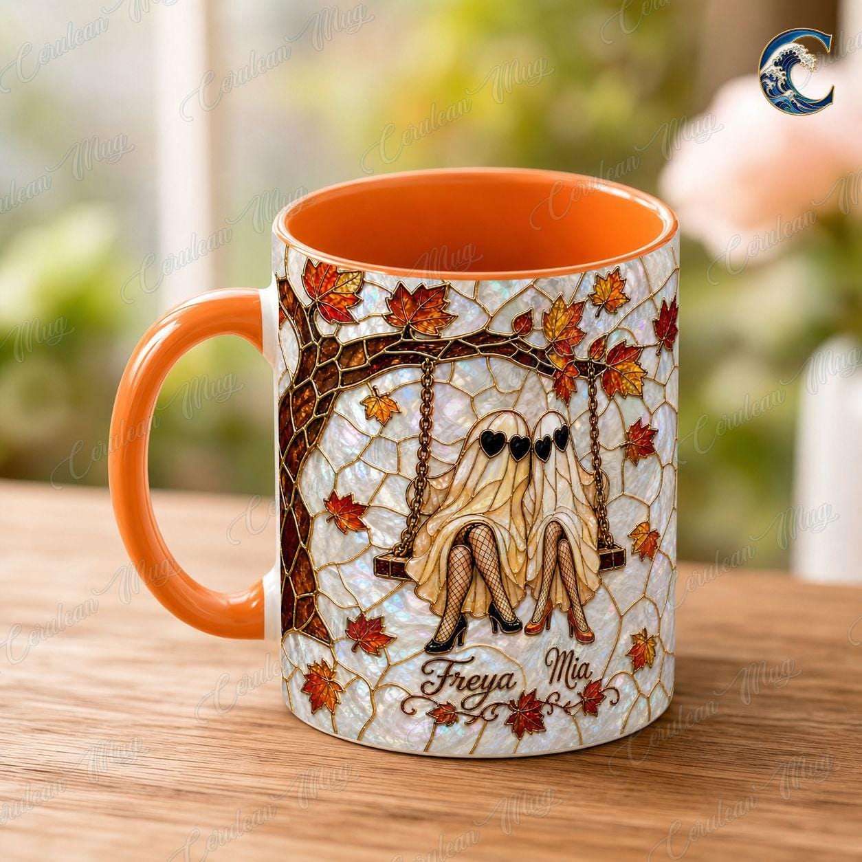 Personalized Ghost Twins Mug, Fall Leaves Stained Glass Coffee Mug, Heart Sunglasses Ghost Mug, Autumn Bestie Swing Mug, Autumn Bestie Gift