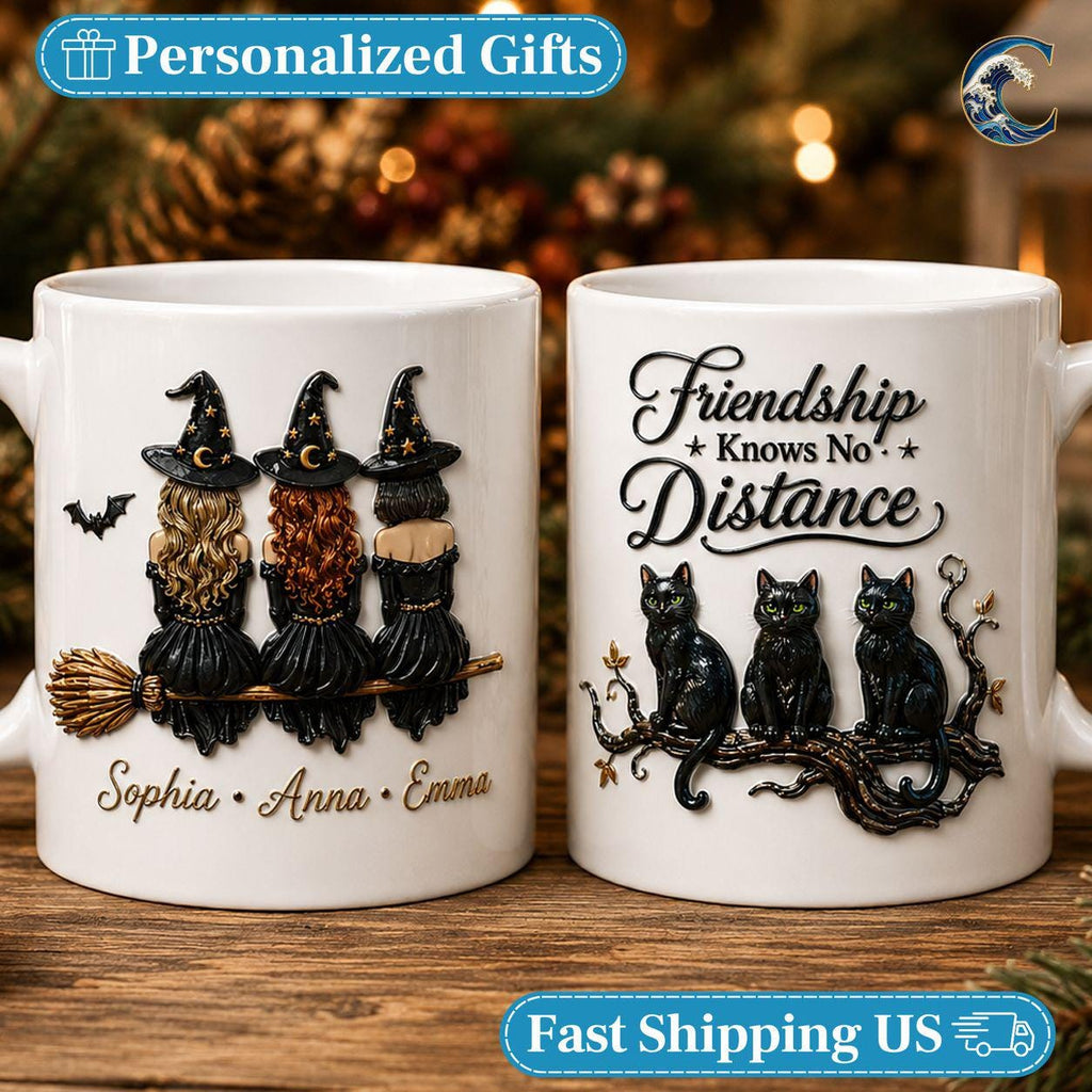 Personalized Witch Trio Mug, Friendship Knows No Distance Coffee Mug, Long Distance Bestie Mug, Black Cat Witch Mug, Halloween Friend Gift