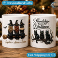 Personalized Witch Trio Mug, Friendship Knows No Distance Coffee Mug, Long Distance Bestie Mug, Black Cat Witch Mug, Halloween Friend Gift