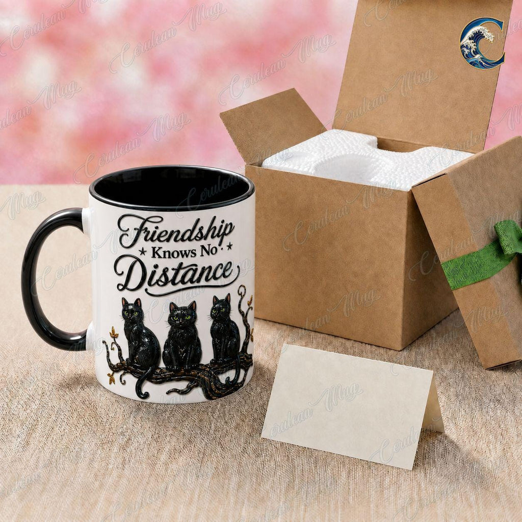 Personalized Witch Trio Mug, Friendship Knows No Distance Coffee Mug, Long Distance Bestie Mug, Black Cat Witch Mug, Halloween Friend Gift
