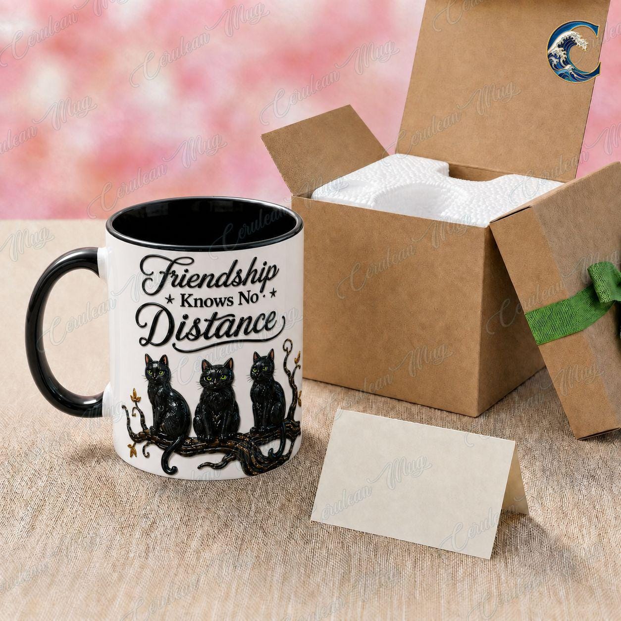 Personalized Witch Trio Mug, Friendship Knows No Distance Coffee Mug, Long Distance Bestie Mug, Black Cat Witch Mug, Halloween Friend Gift
