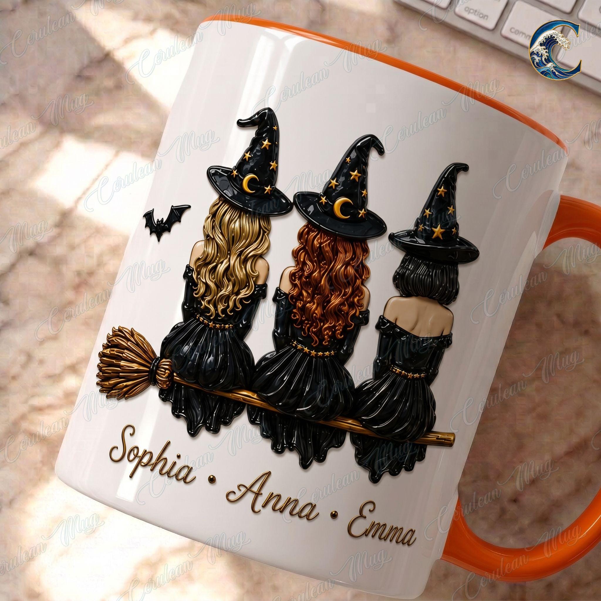 Personalized Witch Trio Mug, Friendship Knows No Distance Coffee Mug, Long Distance Bestie Mug, Black Cat Witch Mug, Halloween Friend Gift