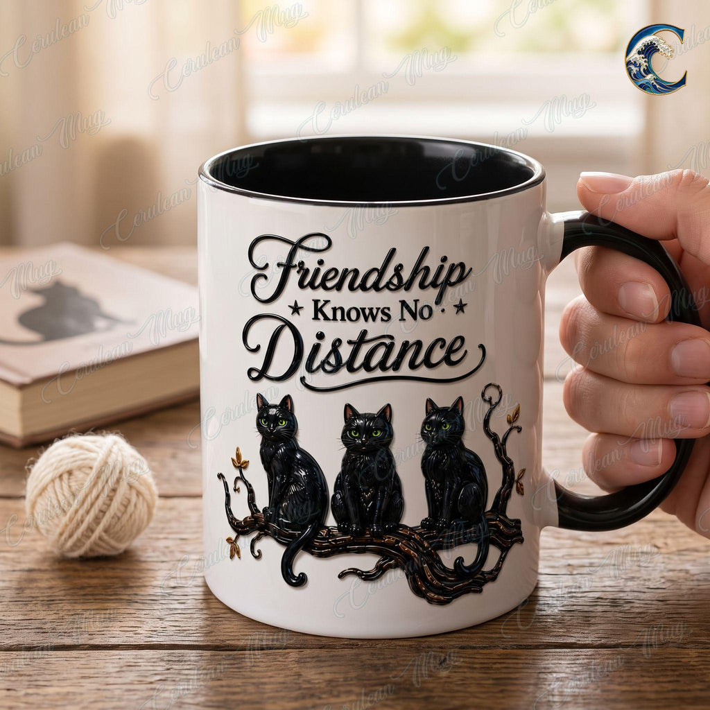 Personalized Witch Trio Mug, Friendship Knows No Distance Coffee Mug, Long Distance Bestie Mug, Black Cat Witch Mug, Halloween Friend Gift
