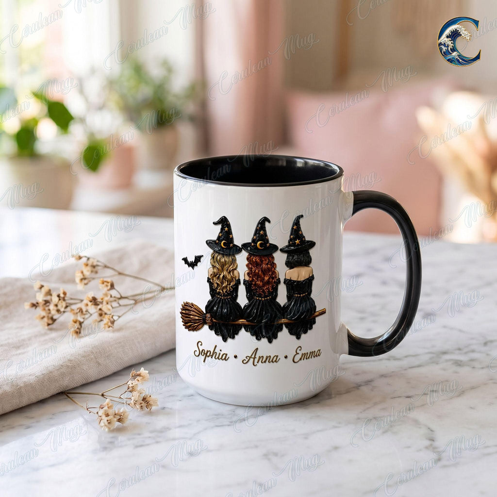 Personalized Witch Trio Mug, Friendship Knows No Distance Coffee Mug, Long Distance Bestie Mug, Black Cat Witch Mug, Halloween Friend Gift