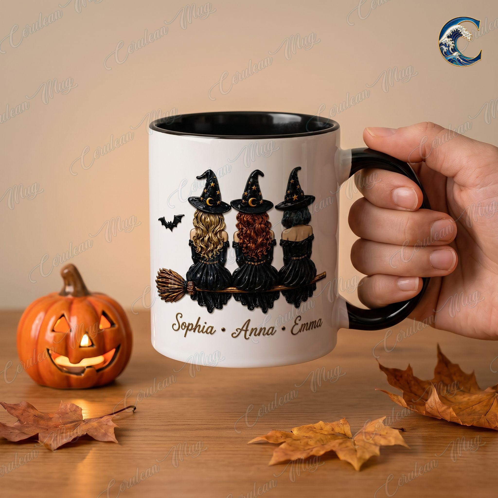 Personalized Witch Trio Mug, Friendship Knows No Distance Coffee Mug, Long Distance Bestie Mug, Black Cat Witch Mug, Halloween Friend Gift