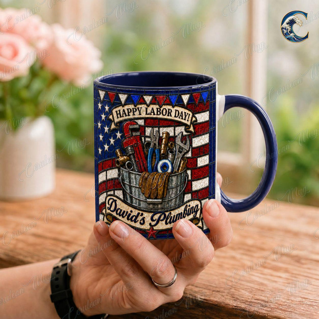 Personalized Plumber Name Mug, Custom Business Name Coffee Mug, Happy Labor Day Mug, American Flag Tools Mug, Plumber Gift