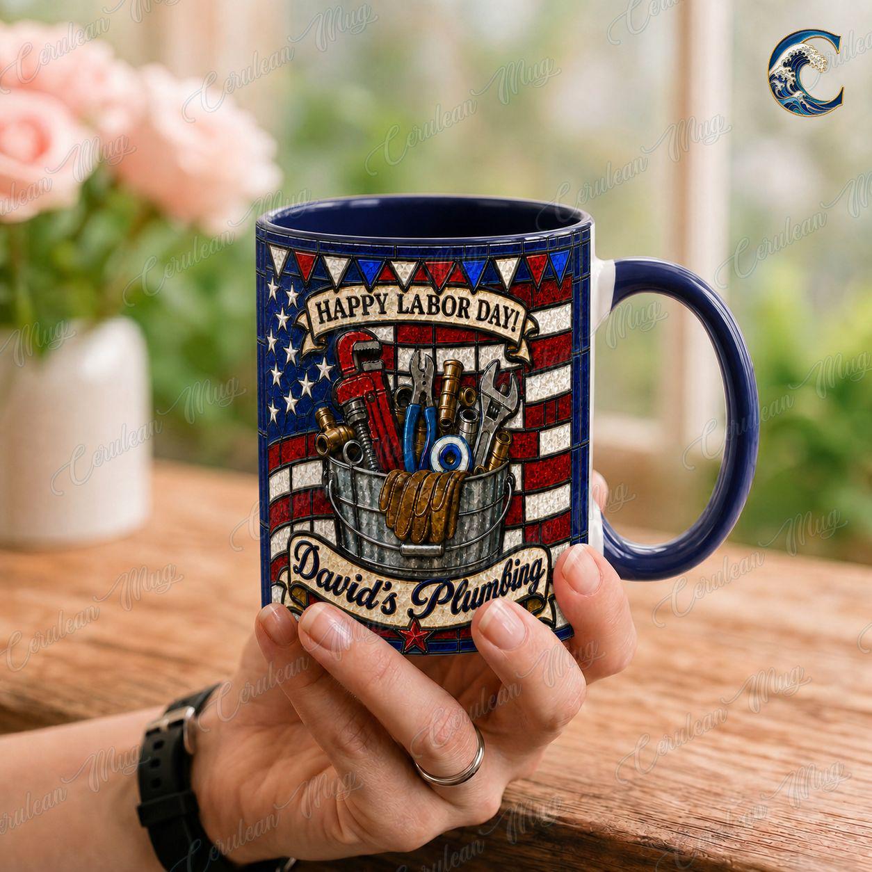 Personalized Plumber Name Mug, Custom Business Name Coffee Mug, Happy Labor Day Mug, American Flag Tools Mug, Plumber Gift