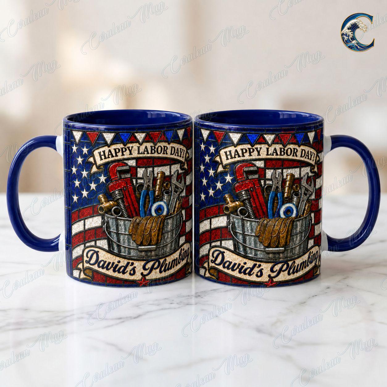 Personalized Plumber Name Mug, Custom Business Name Coffee Mug, Happy Labor Day Mug, American Flag Tools Mug, Plumber Gift